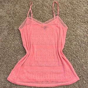 American Eagle coral see-through sheer spaghetti strap top with lace V-neck trim